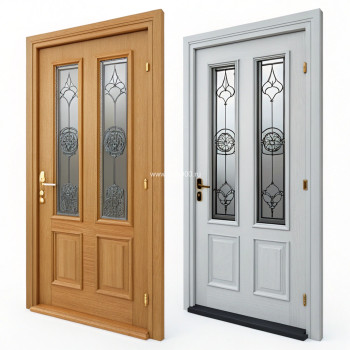 Надежная металлическая дверь в коттедж светло-коричневая со стеклом